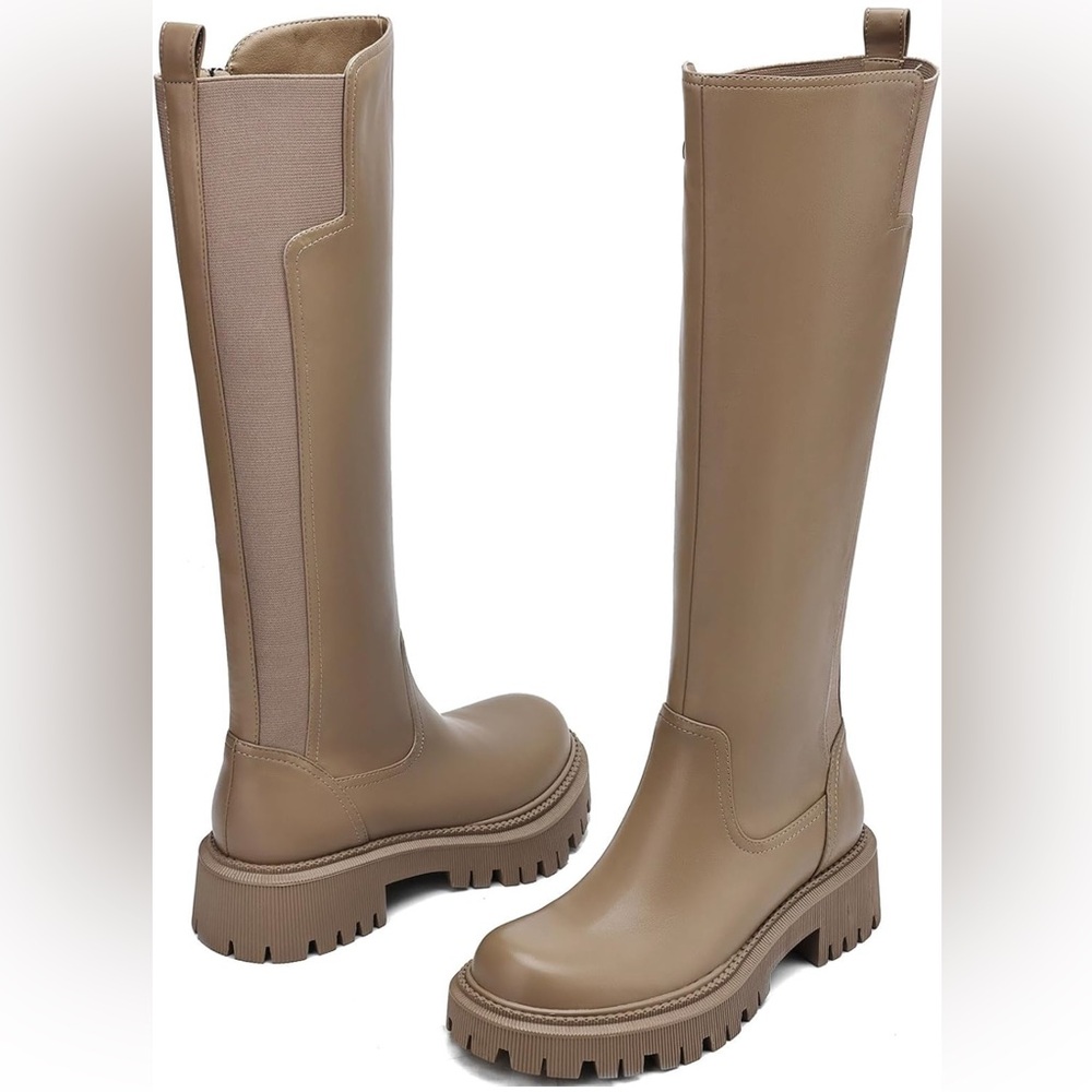 Taupe Khaki Women's Knee High Boots Chunky Platform Lug Sole Tall Riding Stretch